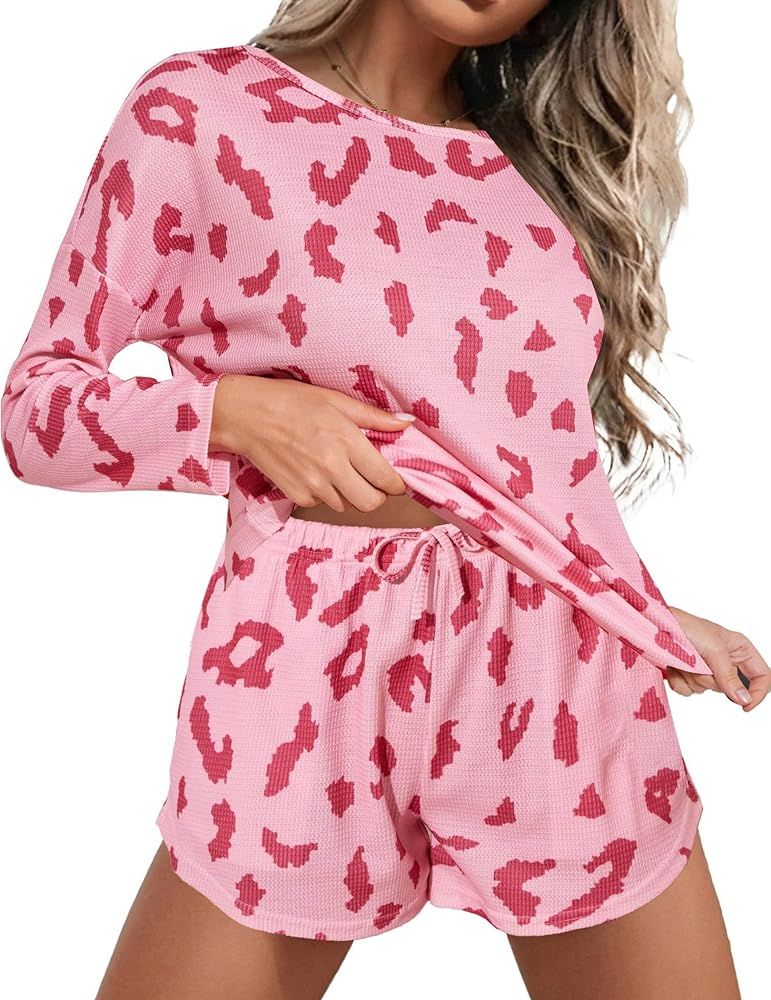 Ekouaer Womens Waffle Knit Pajama Sets Long Sleeve Top and Shorts Matching Lounge Set Loungewear ... | Amazon (US)