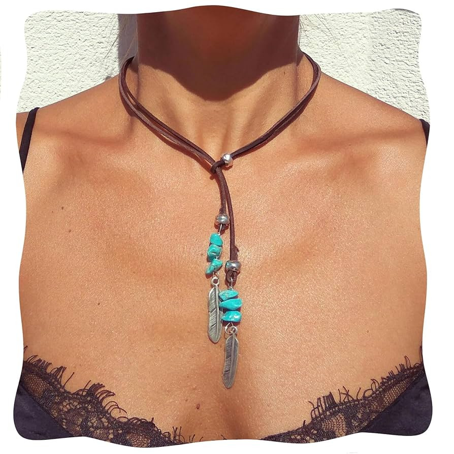 Turquoise Y Necklace, Vintage Lariat Necklace for Women, Boho Turquoise Choker Necklace Feather P... | Amazon (US)