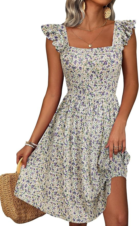 Loemes Summer Cute Floral Flowy Knee Length Sundressses Beach Dress for Women 2024 | Amazon (US)