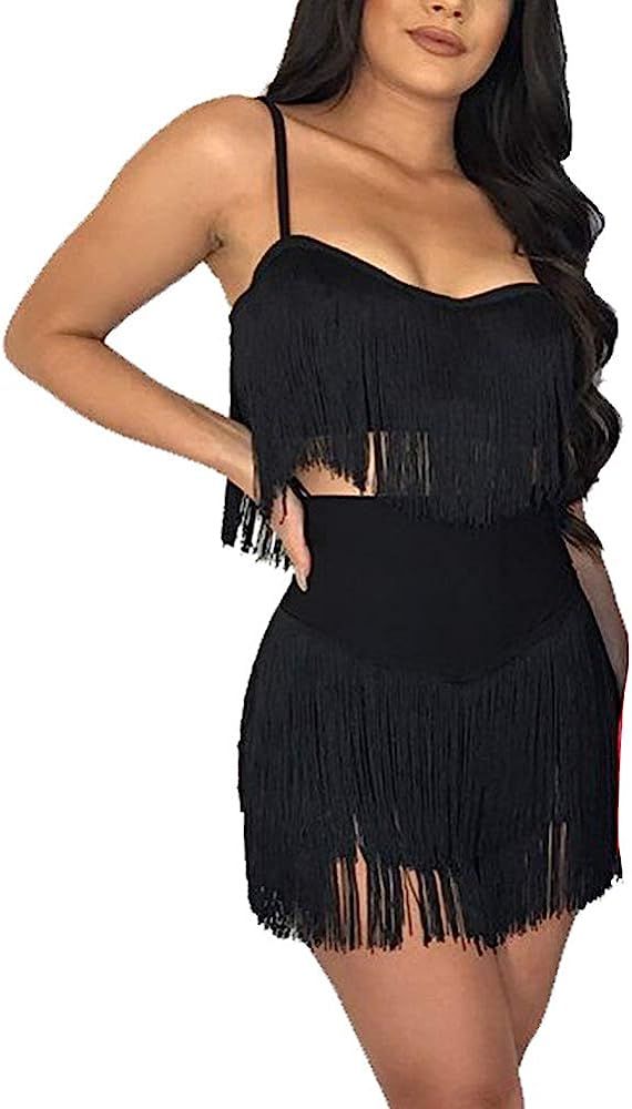 Womens Sexy 2 Piece Outfits Sleeveless Crop Top Feather Tassels Bodycon Mini Dress Outfits Clubwear | Amazon (US)