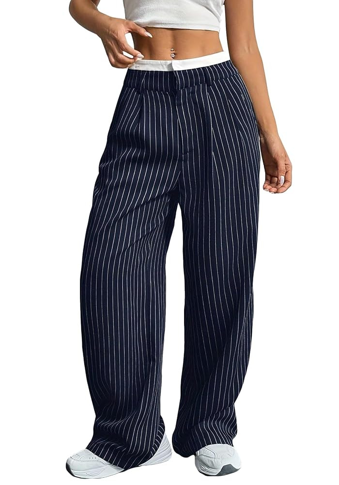 LKOUS Dress Pants Women High Waist,Casual Work Wide Leg Pant Striped Straight Trousers with Pocke... | Amazon (US)