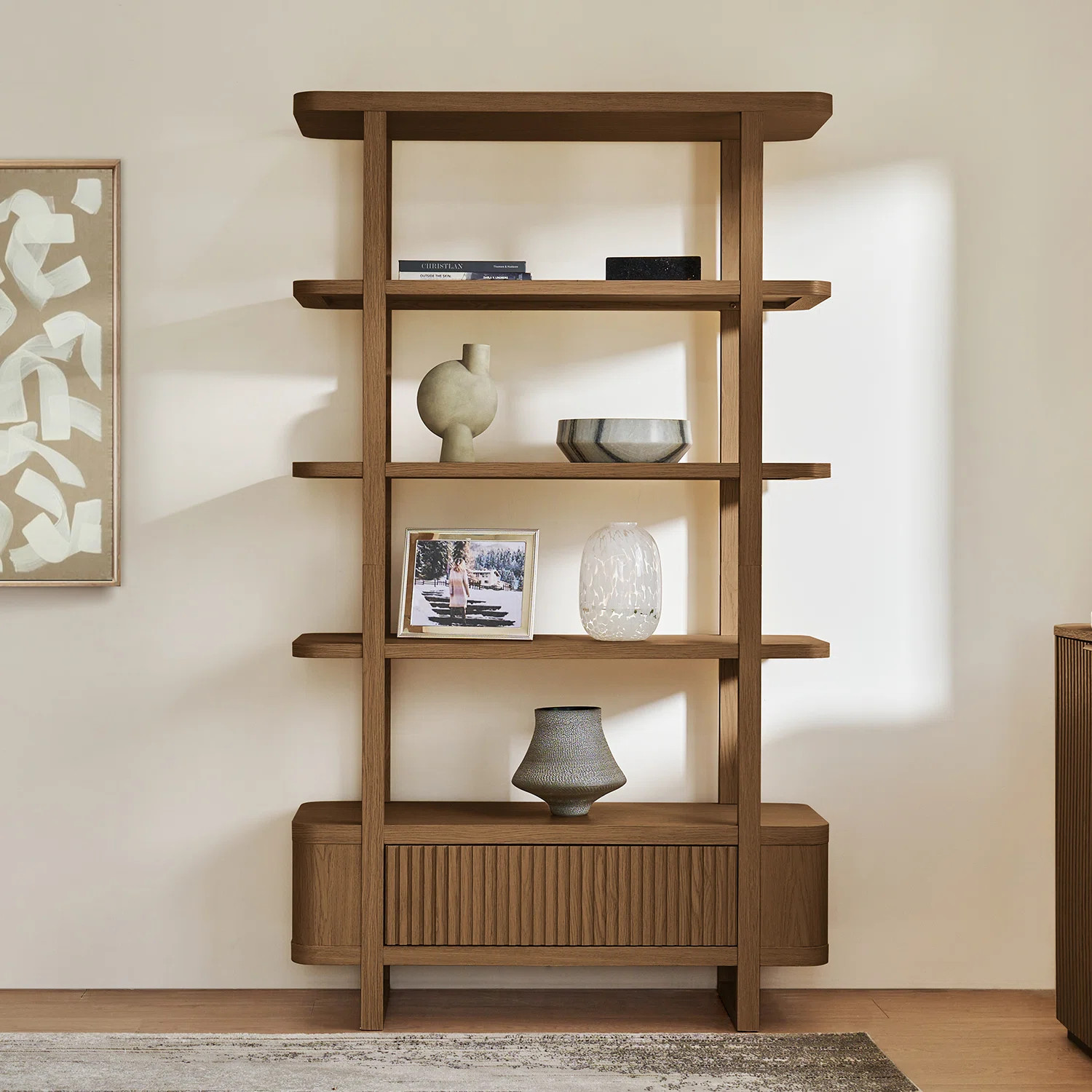 Latitude Run® Irene Modern 76''H Solid Wood Etagere Bookcase with Fluted Drawer and Rounded Shel... | Wayfair North America