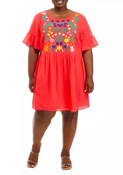 Plus Size Flutter Sleeve Embroidered Dress | Belk