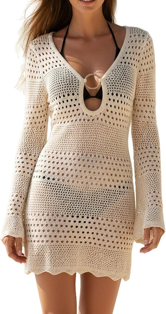 Swimsuit Cover Up for Women Crochet Swimwear V Neck Long Sleeve Mesh Knit Beach Vacation Resort W... | Amazon (US)