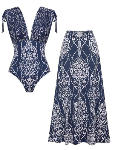 FLAXMAKER Women's One Piece V Neck Shoulder Drawstring Printed Swimsuit with Skirt (US, Alpha, Small, Regular, Regular, Blue Swimsuit and Skirt) | Amazon (US)