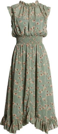 Wild Whims Floral Smocked Waist Midi Dress Green Dress Dresses Summer Dress Outfits  | Nordstrom