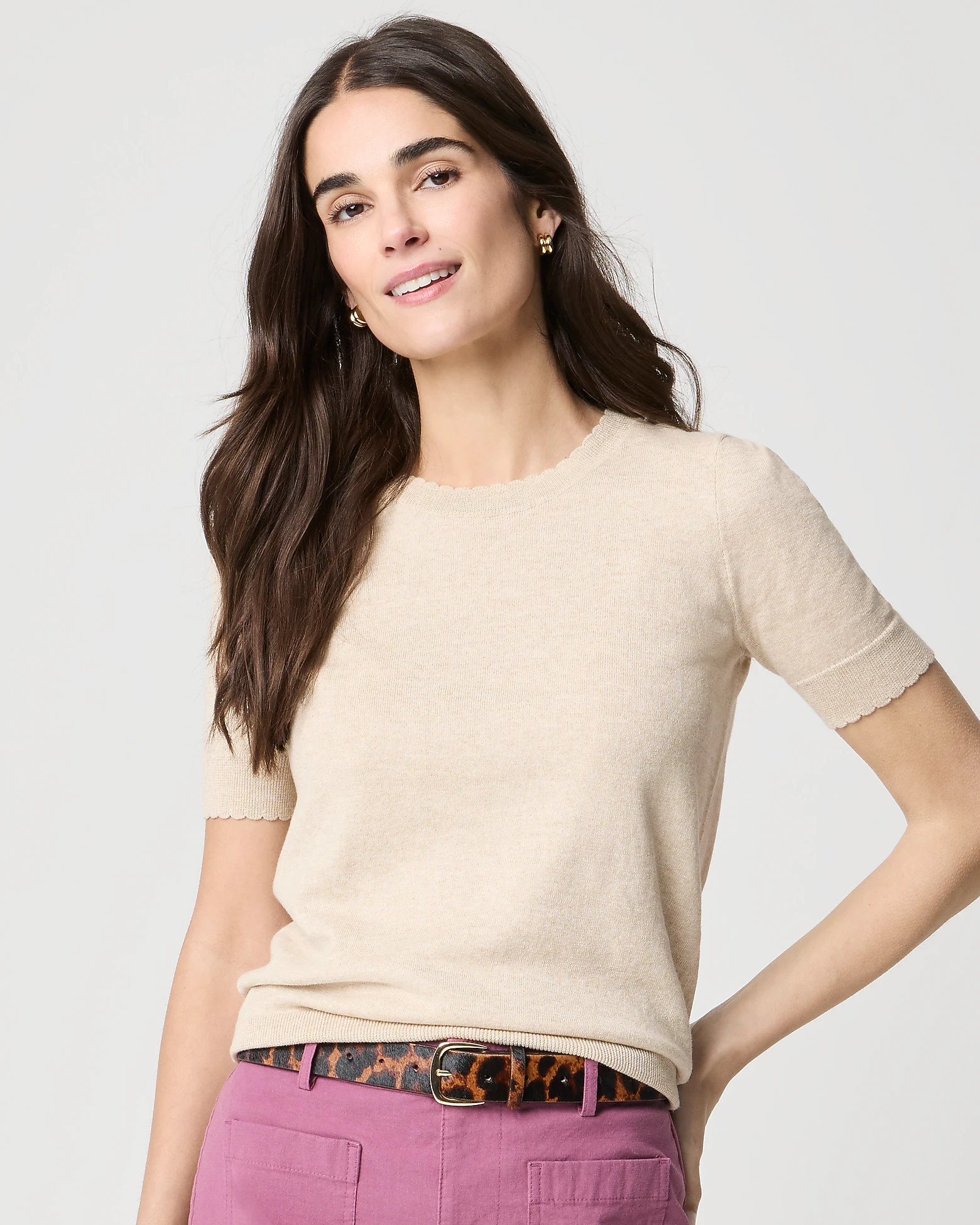 Short-sleeve crewneck scalloped sweater | J.Crew Factory