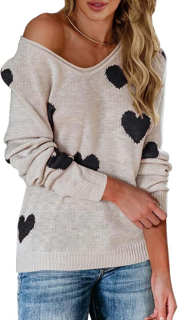 Tutorutor Womens Cute Love Heart Print Sweaters Oversized Off The Shoulder Loose Knitted Valentin... | Amazon (US)