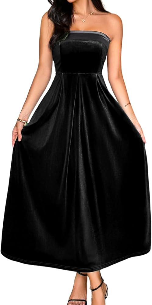 Kaei&Shi Velvet Maxi Dress,Strapless Formal Dresses for Women,Elegant Christmas Party Evening Gow... | Amazon (US)