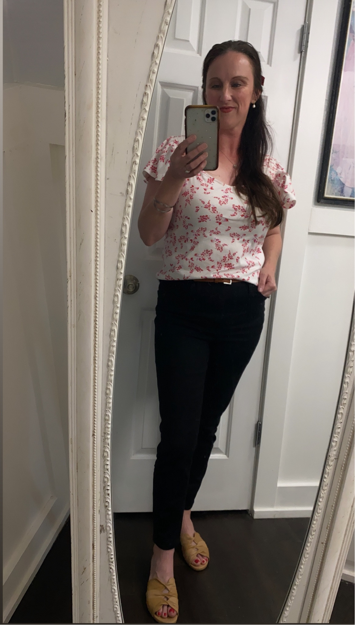Spring fashion 💐 Floral sweetheart neckline top + skinny leather belt + black skinny jeans + leather slides. Vacation outfit. Madewell, Sarah Flint, Loft

#LTKStyleTip #LTKSeasonal #LTKOver40