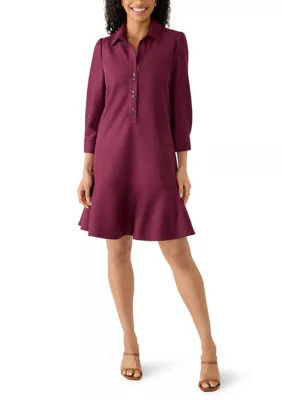 Women's 3/4 Sleeve Collar Neck Solid Suede A-Line Dress | Belk