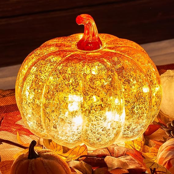 Pumpkin Decor Mercury Glass Pumpkin Lights Cracked 5.5 Inches Fall Table Centerpiece Farmhouse Au... | Amazon (US)