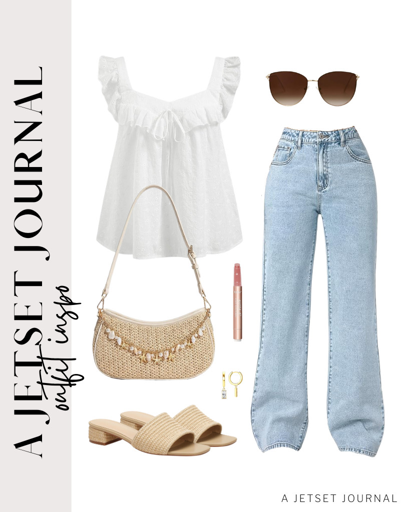 This outfit pairs a white eyelet ruffle blouse with Trendy Queen wide-leg jeans, which are perfect for a busy day. Your footwear can be these VICKI·VICKI raffia slide sandals that match this textured straw shoulder bag. Add these SOJOS sunglasses and your hoop earrings for a stylish look. 

#LTKSeasonal #LTKSaleAlert #LTKTravel
 

 