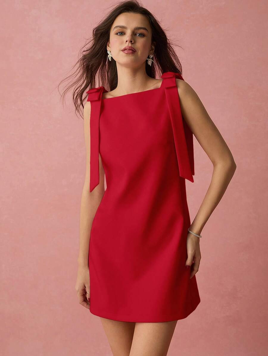 Enchnt Spring/Summer Romantic Women's Red Bowknot Shoulder Design Sleeveless Cute Mini Princess D... | SHEIN