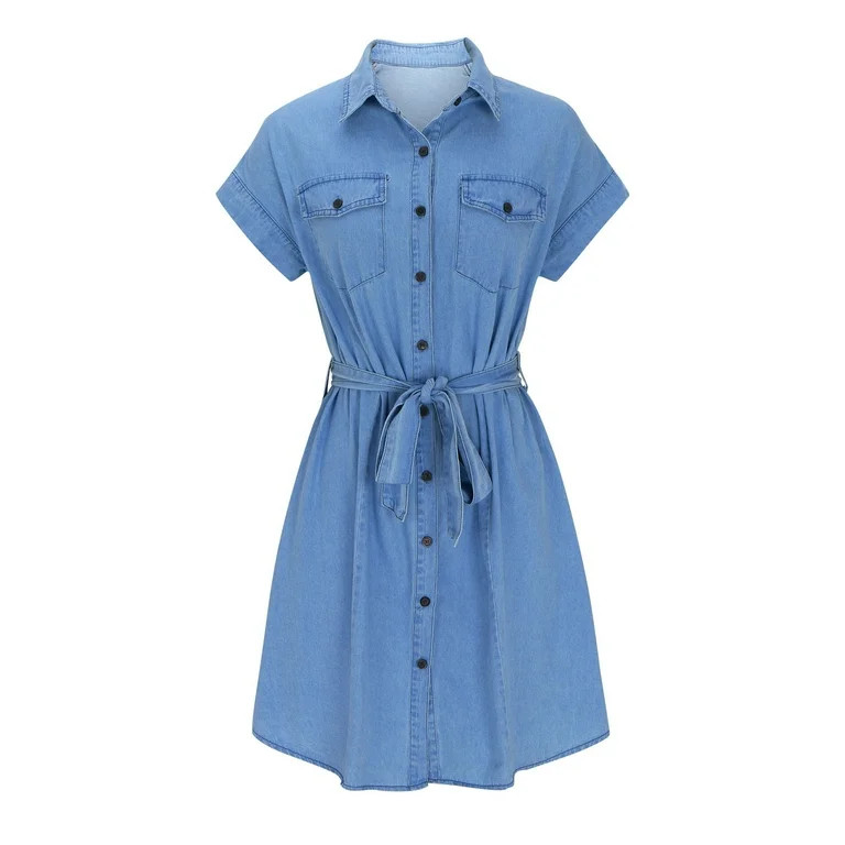 Pvkarhg 2024 Clearance Summer Denim Shirt Dresses for Womens Short Sleeve Loose Jean Midi Dress B... | Walmart (US)
