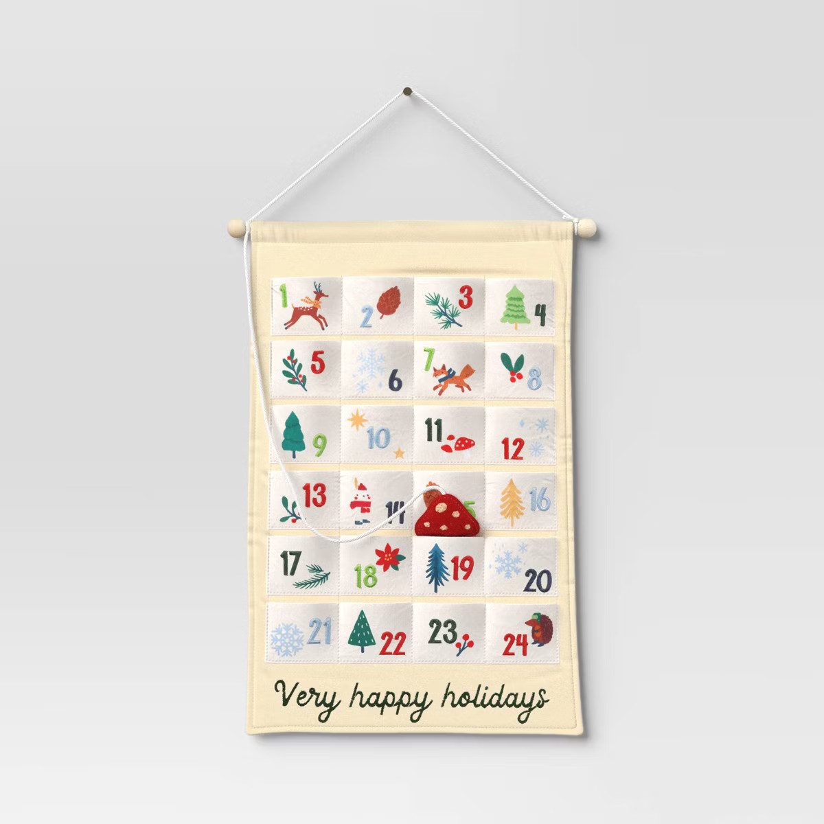 19.75" Fabric 'Very Happy Holidays' Hanging Christmas Advent Calendar with Mushroom Counter Ivory... | Target