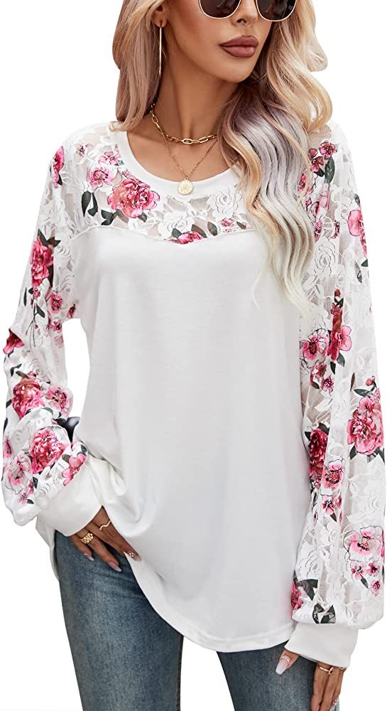 LOMON Women's Lace Long Sleeve Top Floral Print Blouse Mesh Lantern Sleeve Crewneck Pullover Loos... | Amazon (US)