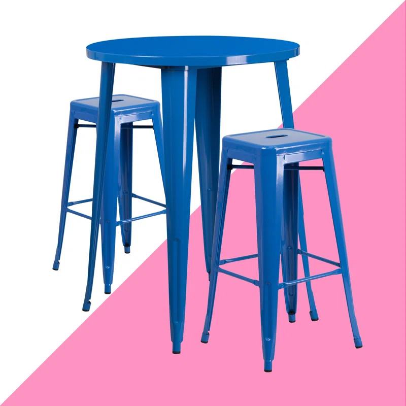 Gyala 30'' Round Metal Indoor-Outdoor Bar Table Set with 2 Square Seat Backless Stools | Wayfair North America