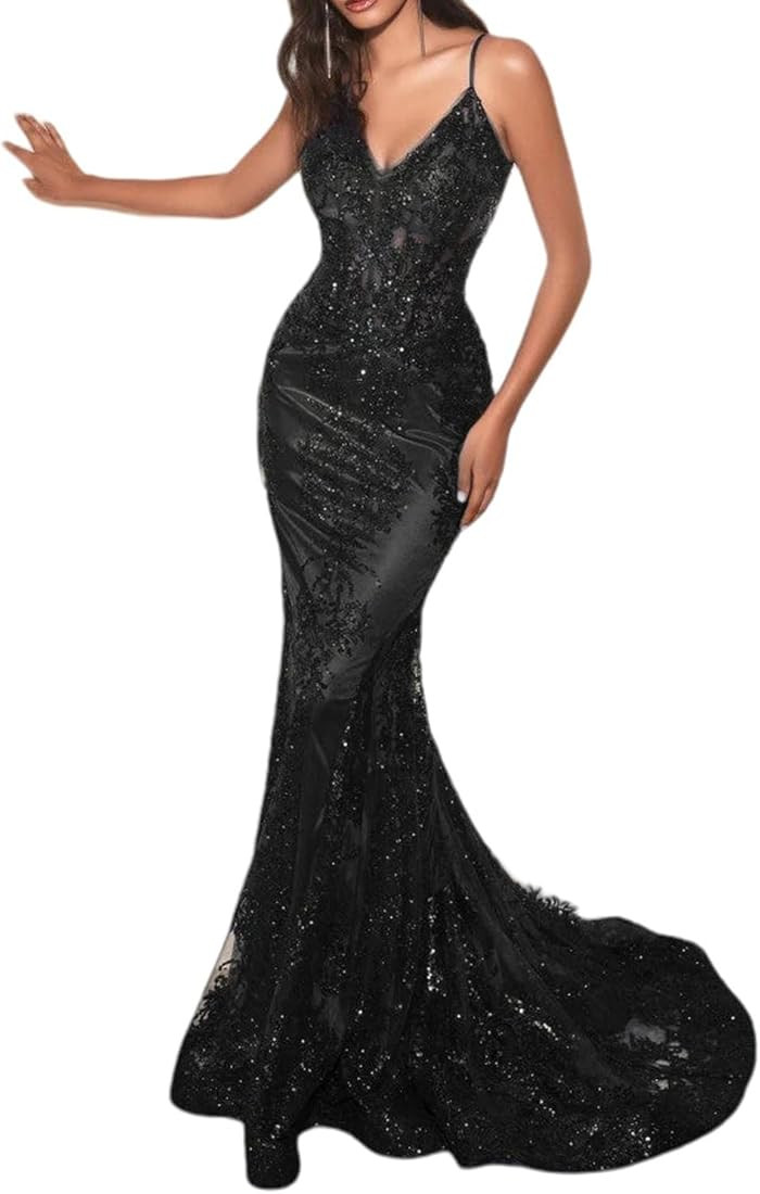 Mermaid/Trumpet Sexy Evening Gown Wedding Guest Dress Court Train Sleeveless Sequin Formal Dress ... | Amazon (US)