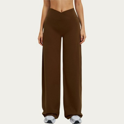 Anna-Kaci Active Women's High Waist Crossover Wide Leg Yoga Pants Stretch Athletic Lounge Workout Pants for Training Fitness - X Large, Brown | Target