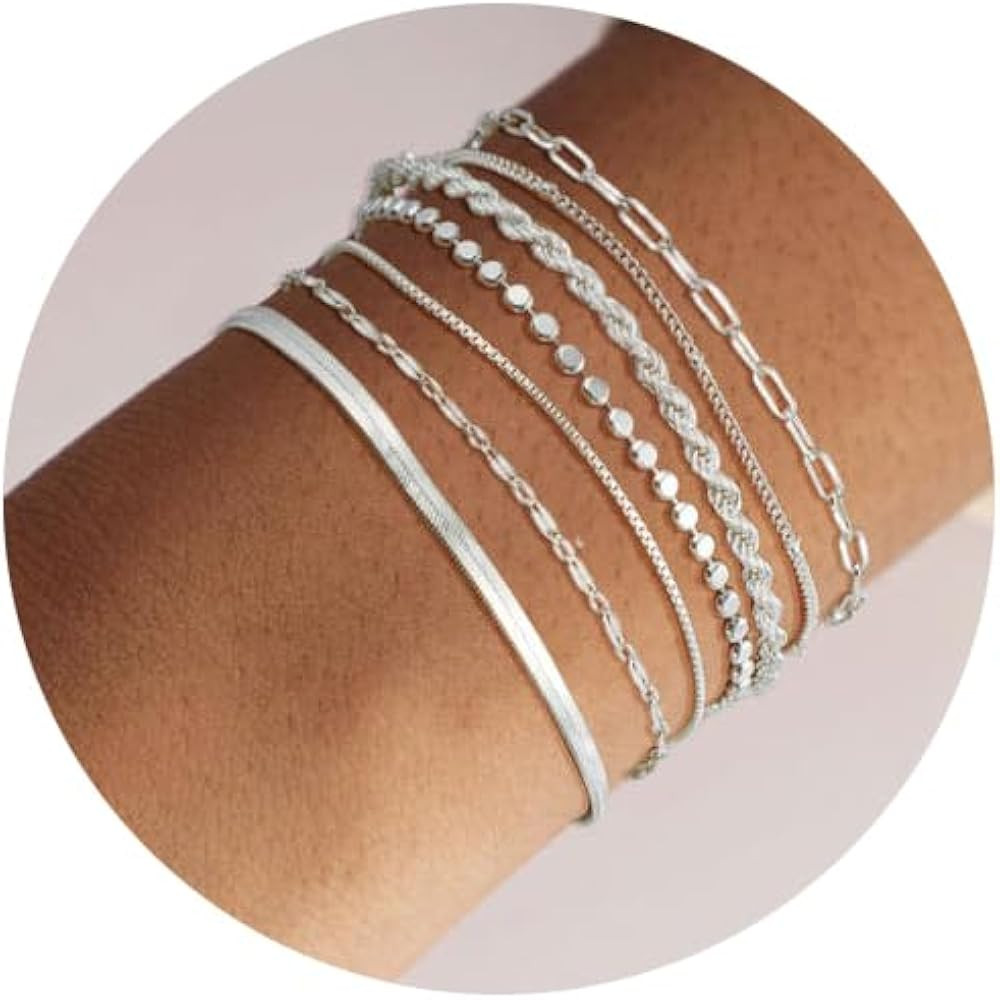 Kyerlyn Silver Bracelets for Women Trendy Waterproof Silver Dainty Bracelet Stack Adjustable Laye... | Amazon (US)