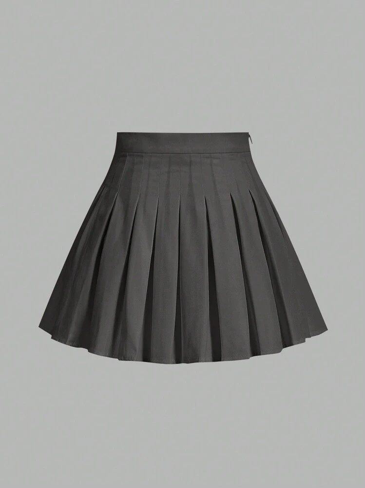 SHEIN EZwear Plus Size Solid Color Pleated Grey Skirt For Summer | SHEIN