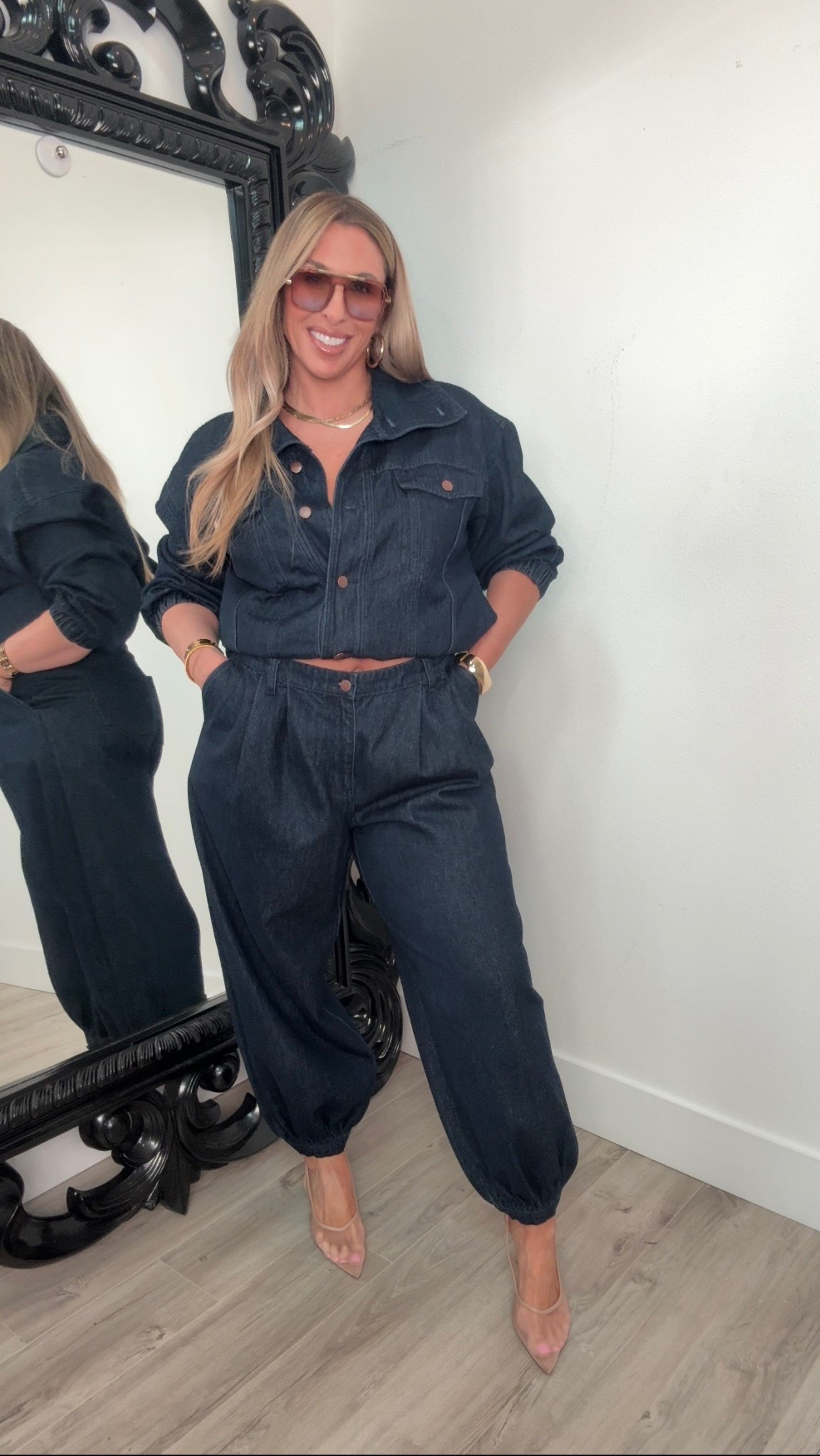 jacket size medium (size down 1-2 sizes runs big) 
pants size large fit baggy which is my preference (size down 1-2 sizes( waist has stretch) 

#LTKOver40 #LTKMidsize