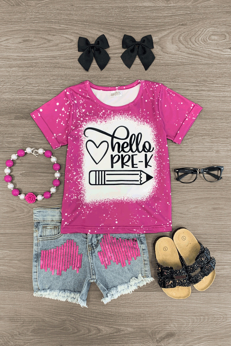 "Hello Pre-K - 6th Grade" Denim Short Set | Sparkle In Pink