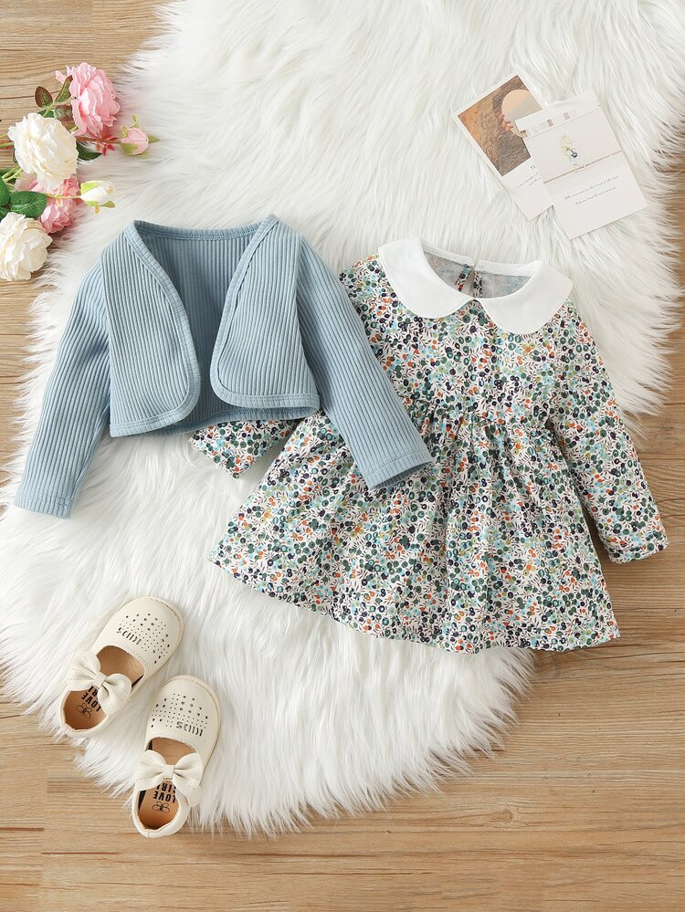 Baby Ditsy Floral Contrast Collar Smock Dress & Jacket | SHEIN