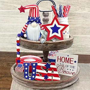 4th of July Decorations - Tiered Tray Decor - 3 Patriotic Wooden Signs - Gnomes Plush and Bead Ga... | Amazon (US)