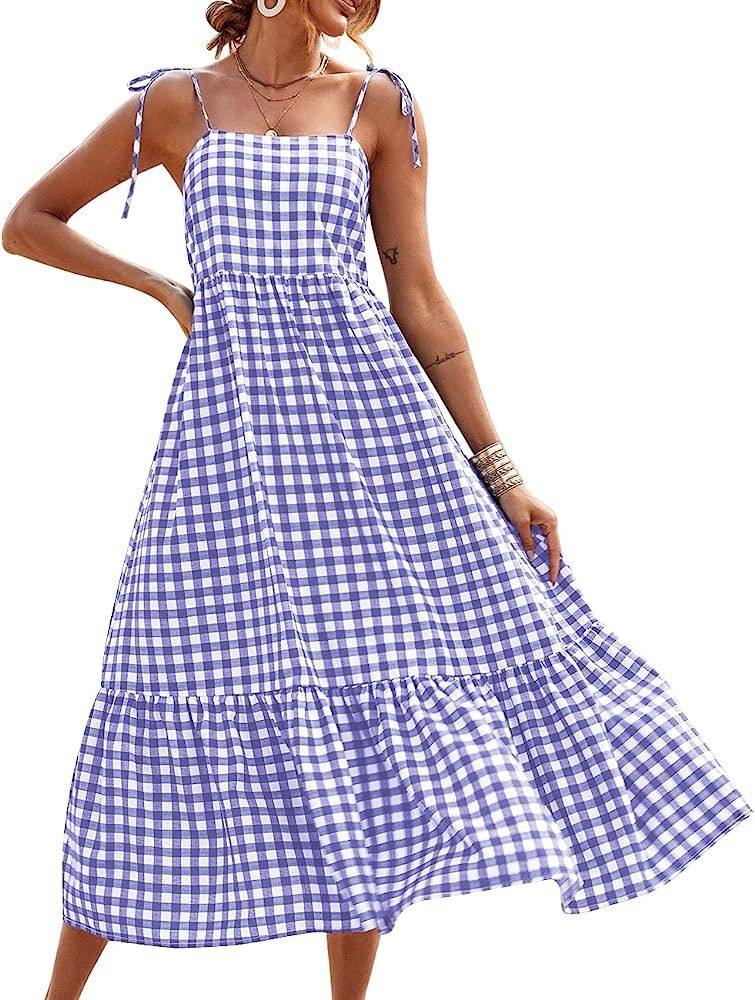 PRETTYGARDEN Summer Dress for Women Plaid Spaghetti Strap Square Neck Tiered Ruffle Flowy Maxi Dress | Amazon (US)