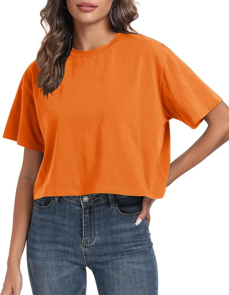 PRIMODA Women's Oversized Workout Cropped T Shirts Crew Neck Short Sleeve Casual Loose Summer Cro... | Amazon (US)