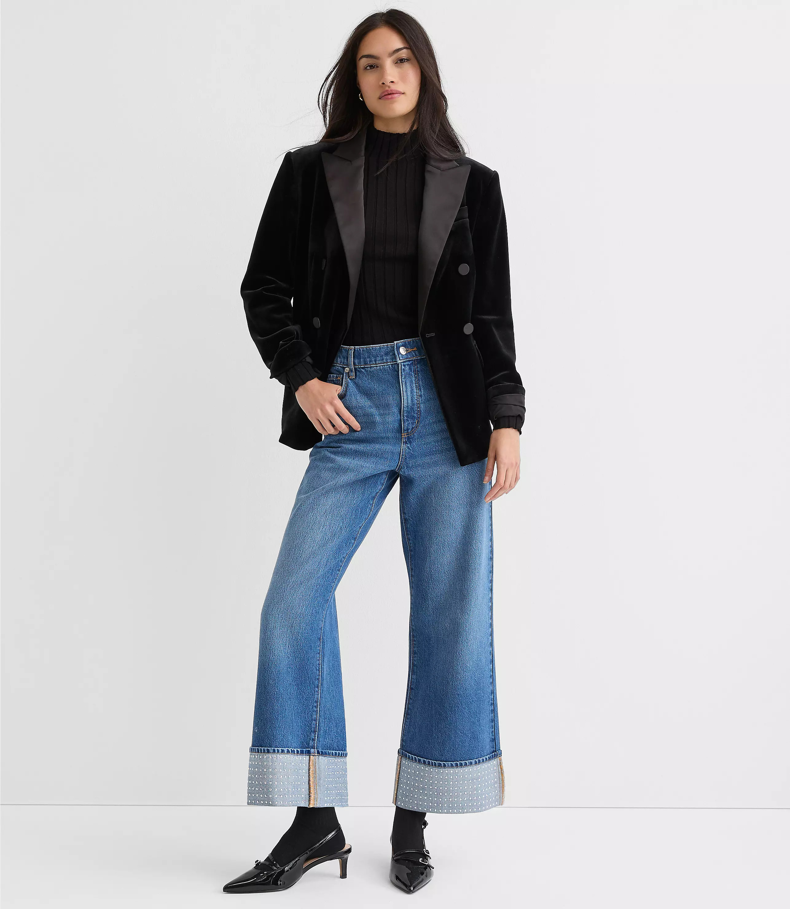 Petite Embellished Cuffed High Rise Wide Leg Crop Jeans in Bright Mid Indigo Wash | LOFT