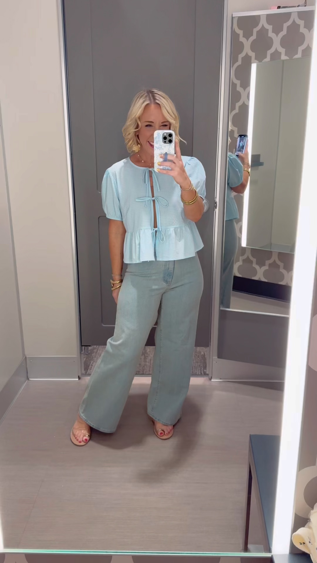 Target in store try-on (tops & bottoms): 
• Sailor jeans - size 4.
• Blue tie front top - size medium. 

#LTKPetite #LTKFindsUnder50 #LTKSeasonal