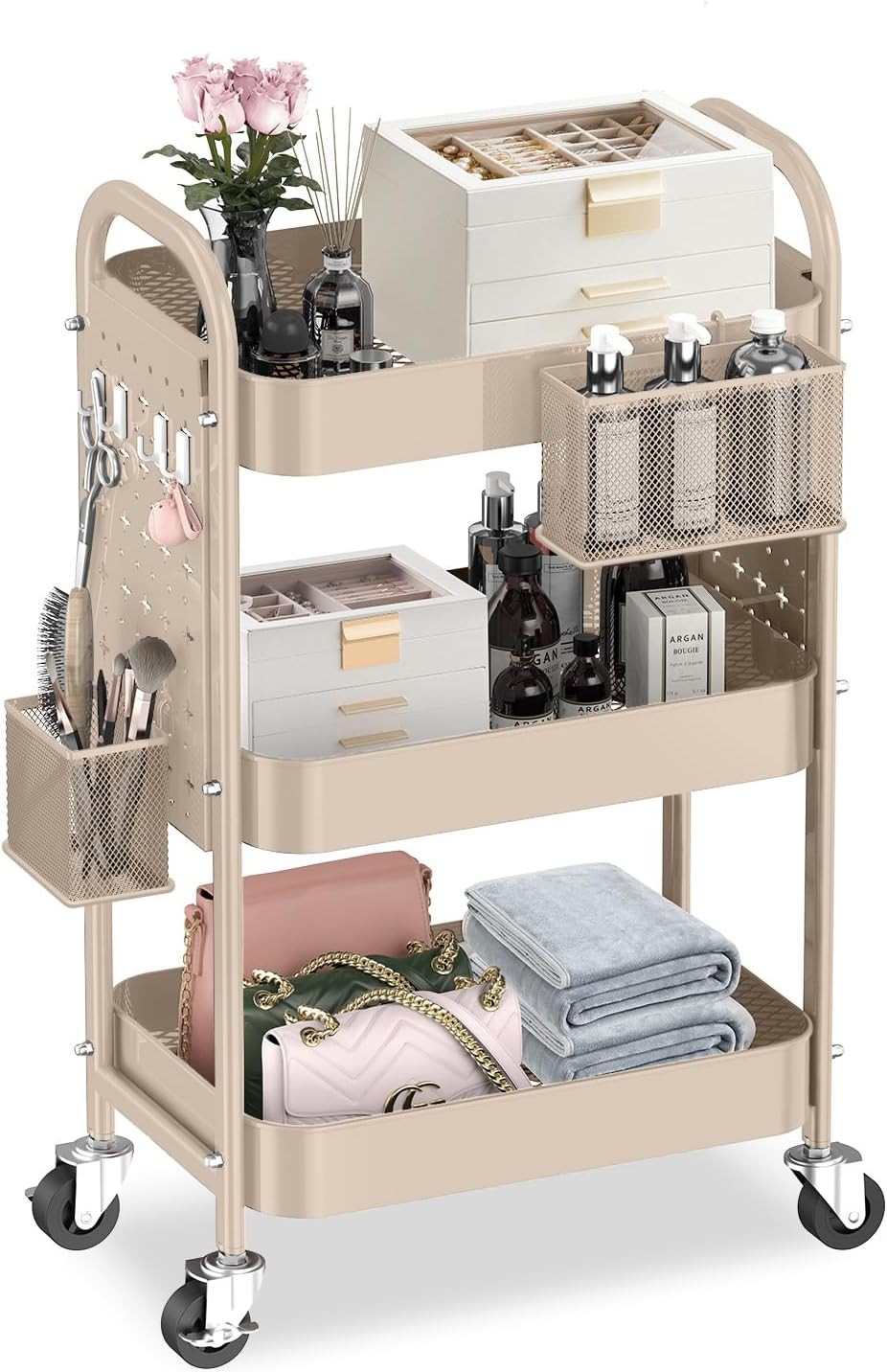 ALVOROG 3 Tier Metal Rolling Utility Cart with Pegboards,Baskets,Hook,Khaki | Amazon (US)