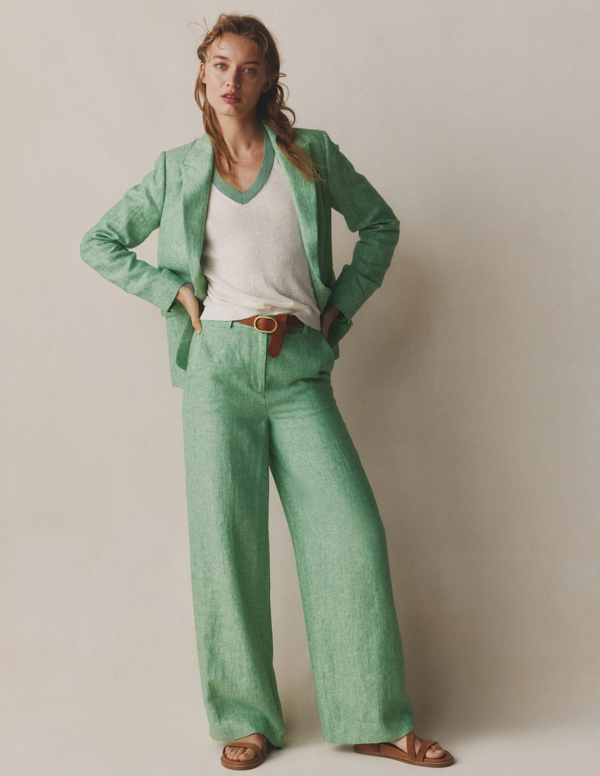 Belgravia Linen Trousers-Aloe Green Chambray | Boden UK