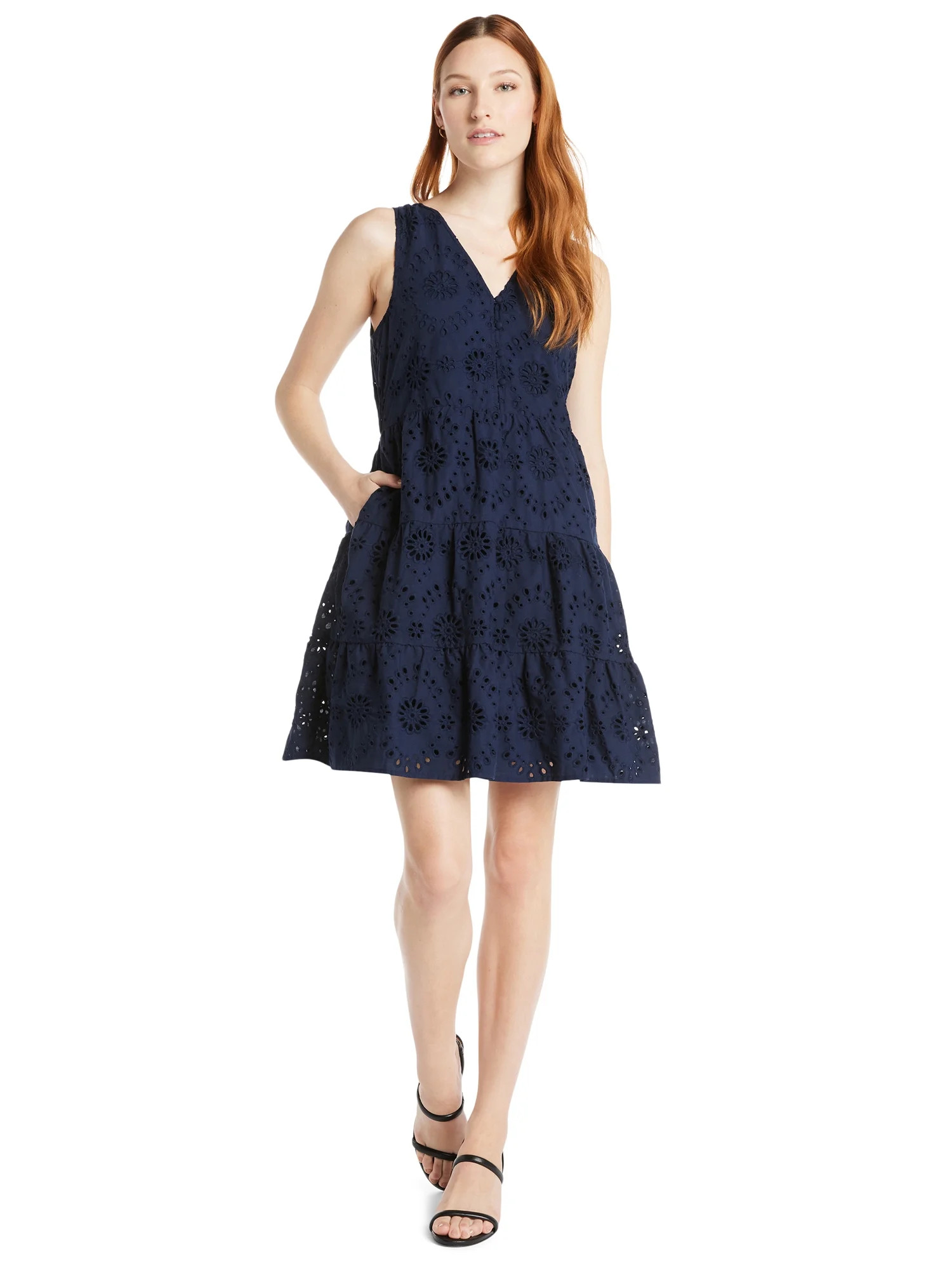 Time and Tru Women's and Women's Plus Cotton Blend Tiered Eyelet Dress, Sizes XS-4X | Walmart (US)