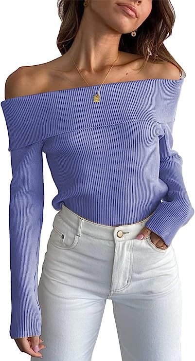 LILLUSORY Women's Off Shoulder Sweaters Fall Long Sleeve Off The Shoulder Ribbed Knit Pullover To... | Amazon (US)