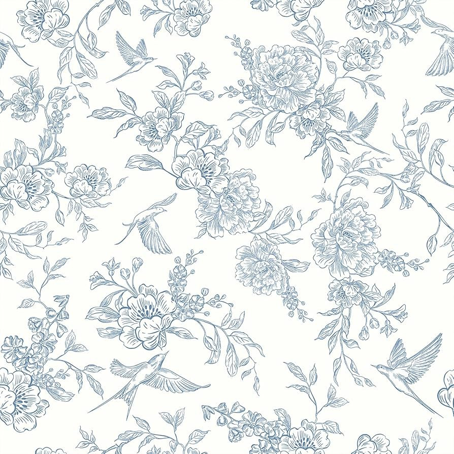 VEELIKE Cottage Blue Floral Peel and Stick Wallpaper Vintage Flower Bird Wallpaper for Bedroom Ba... | Amazon (US)