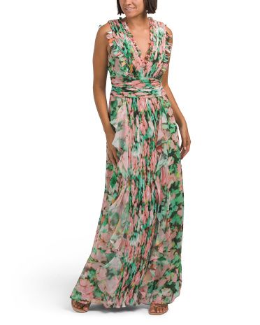 Sleeveless Pleated Floral Gown | TJ Maxx