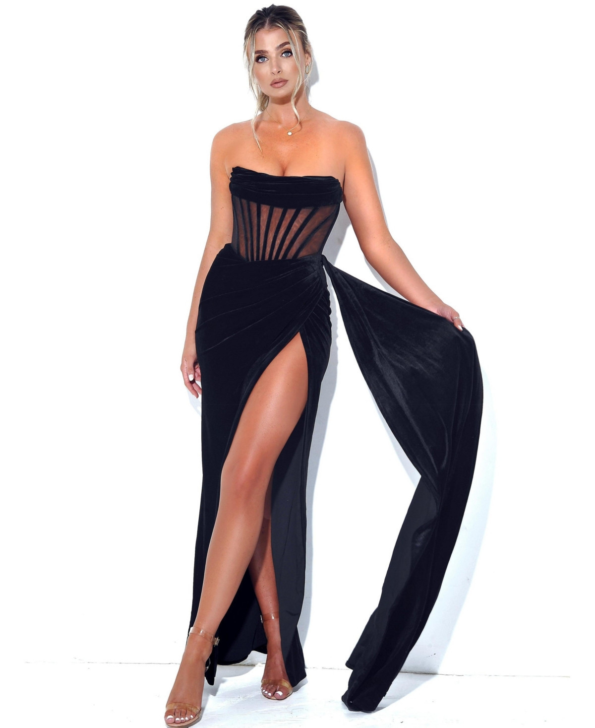 Miss Circle Women's Priya Black Draping Corset High Slit Velvet Gown - Black | Macy's