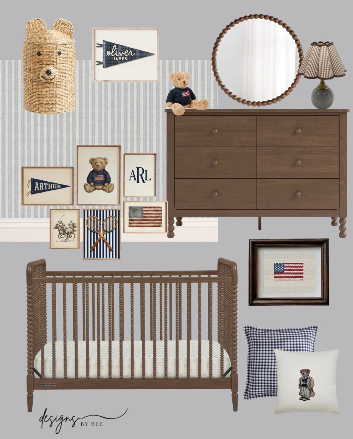 vintage nursery, nursery decor, ralph lauren inspired, preppy nursery, teddy bear theme, nursery inspiration, baby boy nursery, classic nursery, traditional nursery, neutral nursery, nursery furniture, wood crib, wood dresser, gallery wall, nursery art, teddy bear nursery, blue and brown nursery, gingham decor, striped wallpaper, heirloom nursery, nursery design, nursery mood board, grandmillennial nursery, american heritage style, nursery accessories 

 #LTKHome #LTKBaby