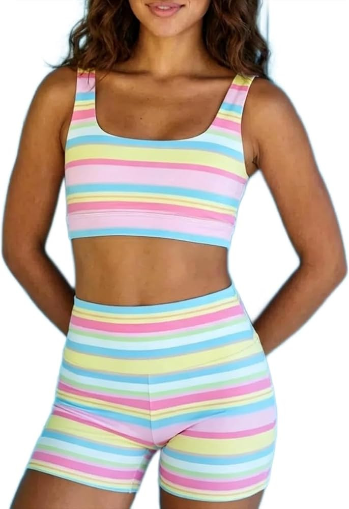 Women's Colorblock Striped Y2K 2 Piece Set Ultra Crop Top & Bodycon Shorts | Amazon (US)