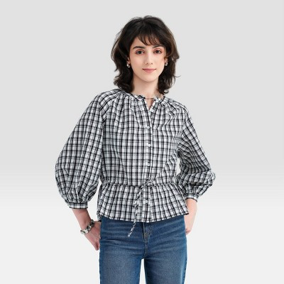 Women's Raglan Long Sleeve Peplum Blouse - Universal Thread™ Black/White Plaid XXL | Target