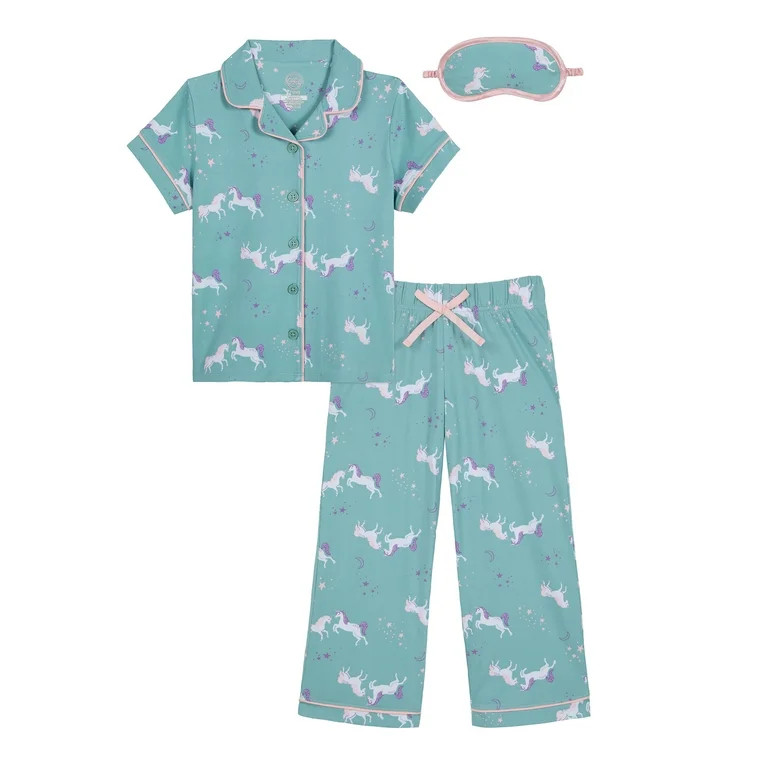 Wonder Nation Girls Button Front Short Sleeve Top & Pant Pajama Set with an Eyemask, 3-Piece, Siz... | Walmart (US)