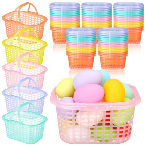 SiliFine 60 Pcs Plastic Easter Baskets Bulk Small Colorful Plastic Baskets with Handles Easter Gift Wrap Basket for Easter Party Egg Hunts Easter Eggs Party Favor | Amazon (US)