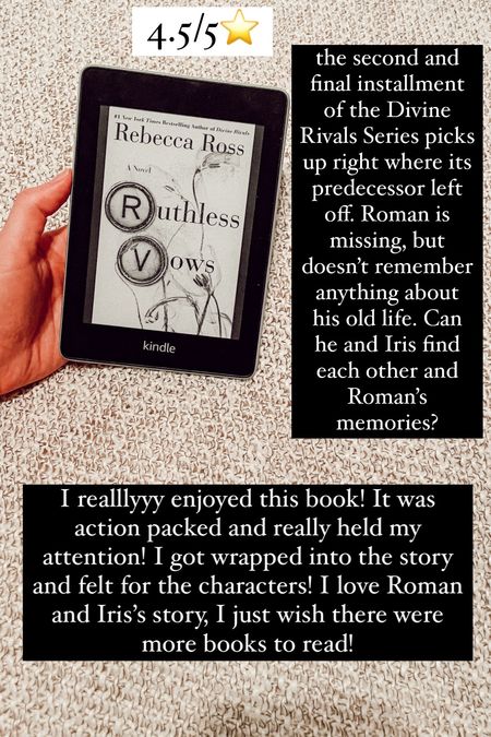 67. Ruthless Vows by Rebecca Ross:: 4.5/5⭐️ the second and final installment of the Divine Rivals Series picks up right where its predecessor left off. Roman is missing, but doesn’t remember anything about his old life. Can he and Iris find each other and Roman’s memories? I realllyyy enjoyed this book! It was action packed and really held my attention! I got wrapped into the story and felt for the characters! I love Roman and Iris’s story, I just wish there were more books to read!


#LTKTravel #LTKHome