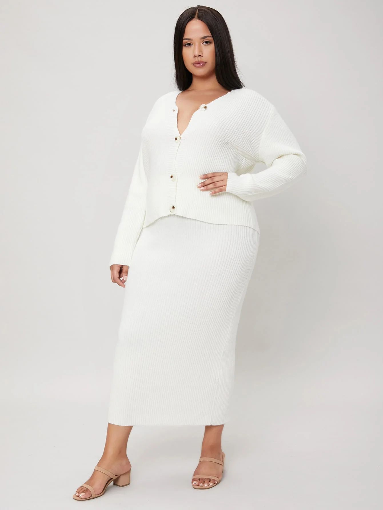 Women's BASICS Plus Drop Shoulder Button Placket Cardigan Skirt Set 410112W112665 | Walmart (US)