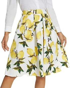 Tandisk Women's Vintage A-line Printed Pleated Flared Midi Skirt with Pockets | Amazon (US)