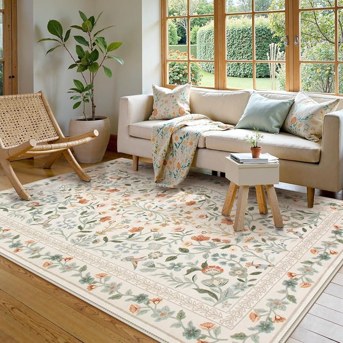 Lahome Floral Washable Area Rug 5x7, Vintage Non Slip Carpet for Living Room Bedroom, Low-Pile So... | Amazon (US)